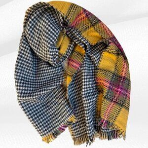 Scotch & Soda Reversible Plaid Scarf Houndstooth Yellow Pink Fringe Les Filles